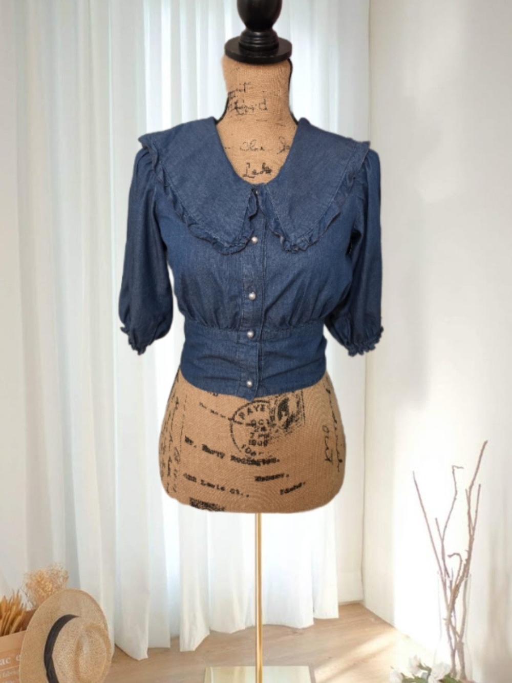 New Look Blue Ruffle-Collar Button Front Denim Top - Picture 5 of 9